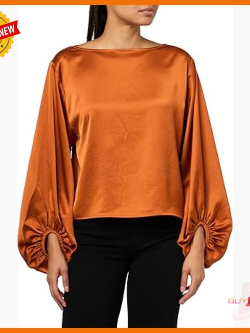 Long Sleeve Satin Blouse with Balloon Sleeves Relaxed Fit Boat Neck